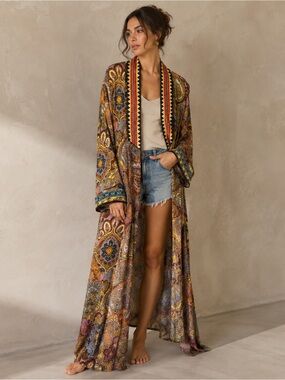 Johnny Was Sandalwood Tove Silk Kimono Duster With Paisley Print Size XS